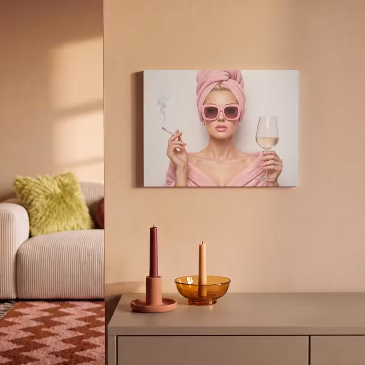 Akoestisch schilderij - Vrouw - Roze - Wijn - Zonnebril — 2