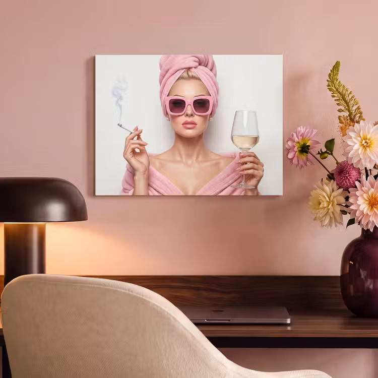 Akoestisch schilderij - Vrouw - Roze - Wijn - Zonnebril — 4