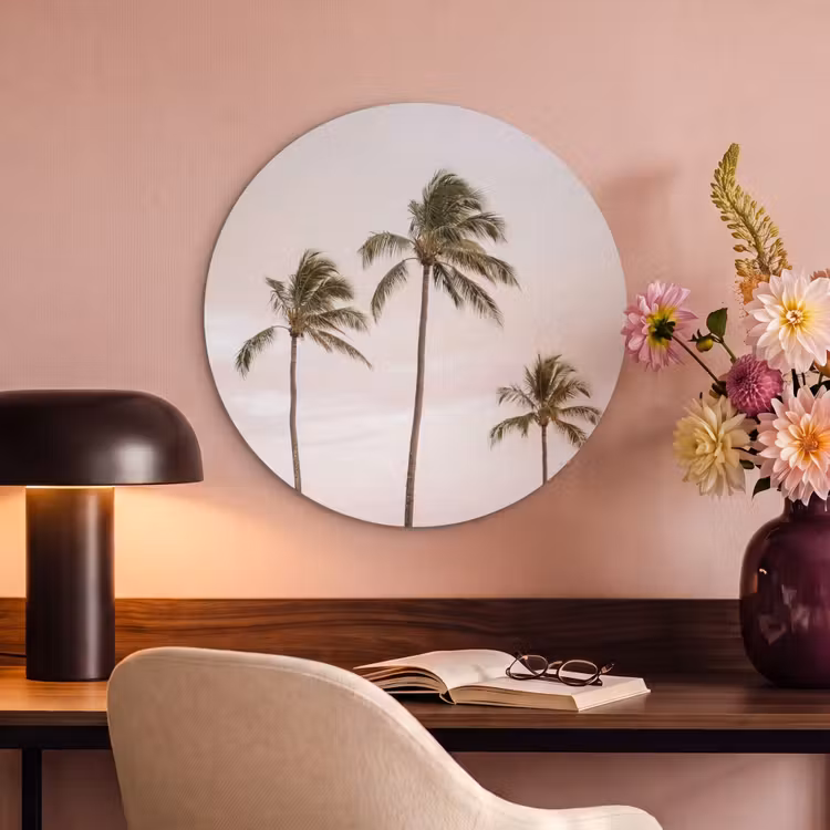 Akoestisch schilderij rond - Palmbomen - Zonsondergang - Roze — 2
