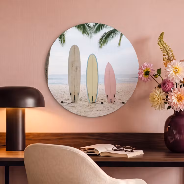 Akoestisch schilderij rond - Surfboard - Palmbomen - Kleurrijk — 2