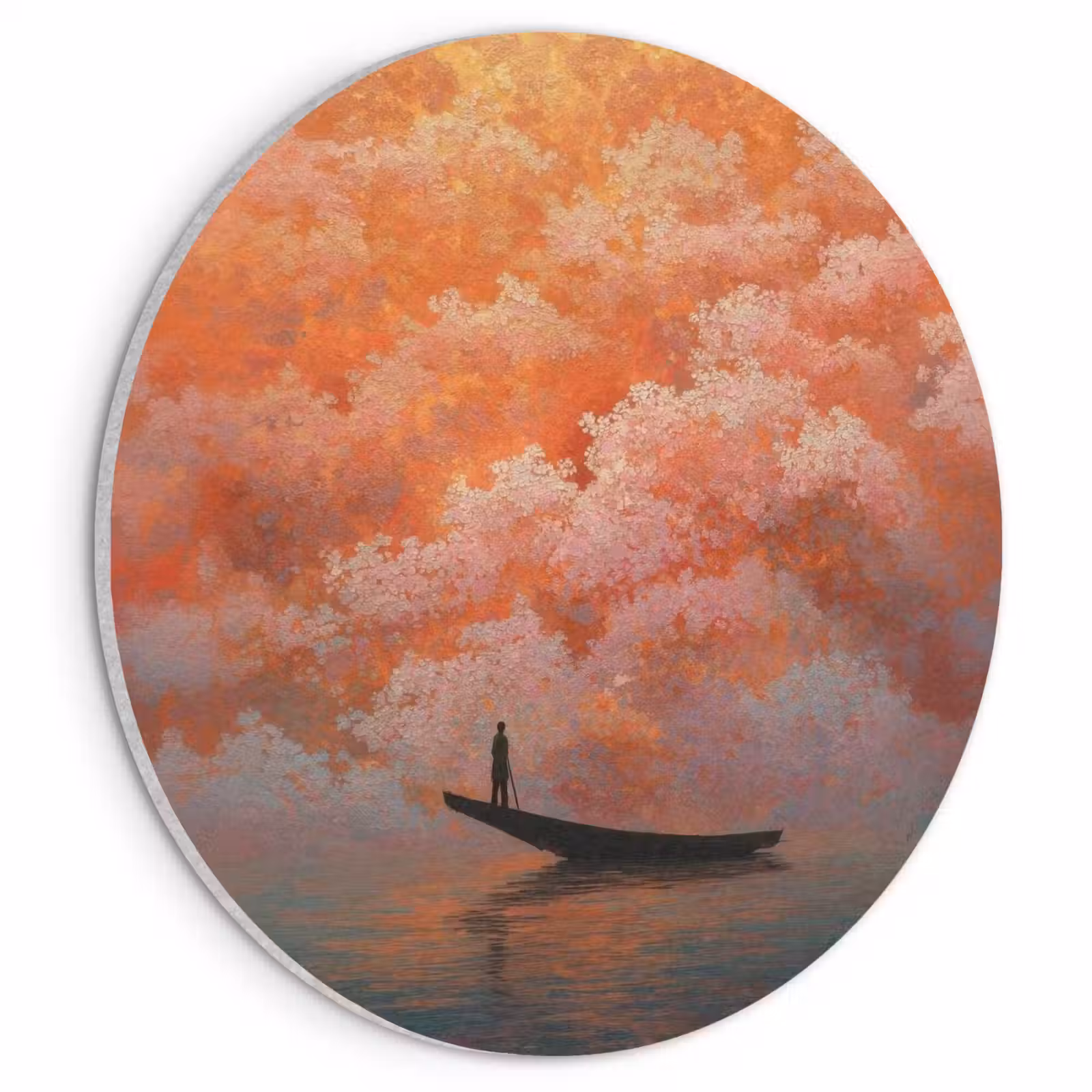 Akoestisch schilderij rond - Zee - Boot - Wolken - Oranje — 1