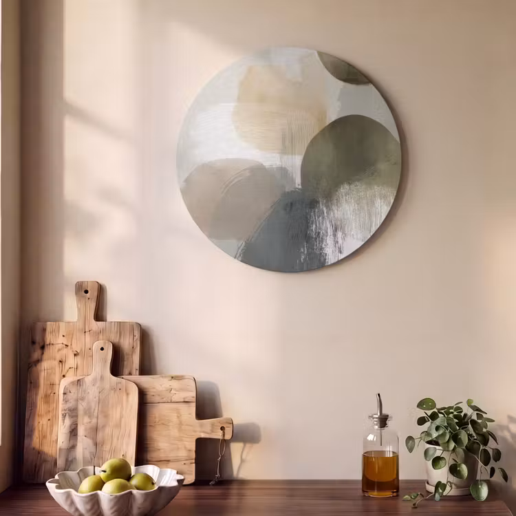Akoestisch schilderij rond - Minimalistisch - Cirkels - Penseelstreken - Beige — 4