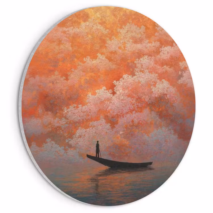 Akoestisch schilderij rond - Zee - Boot - Wolken - Oranje — 1