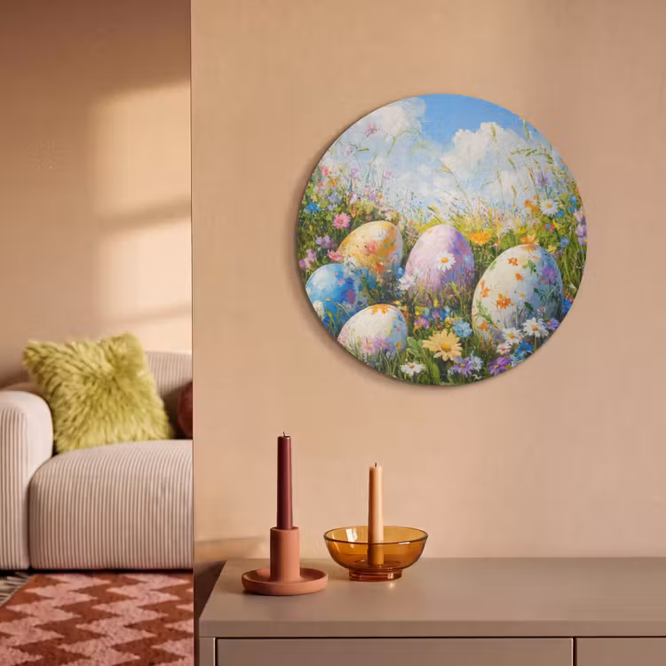Akoestisch schilderij rond - Grasveld - Eieren - Bloemen — 3