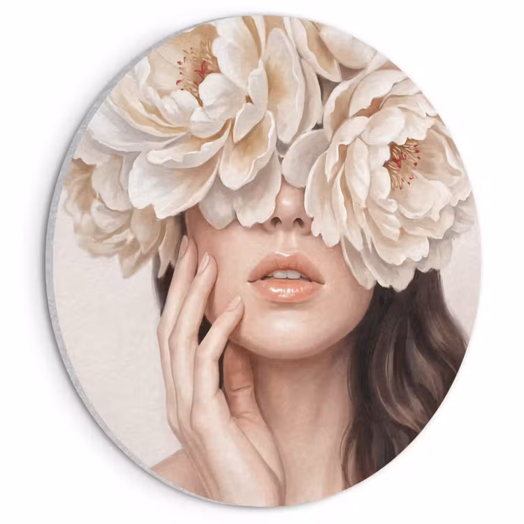 Akoestisch schilderij rond - Gezicht - Pioenrozen - Crème — 1