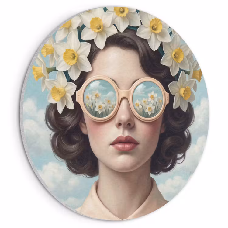 Akoestisch schilderij rond - Vrouw - Narcissen - Geel — 1