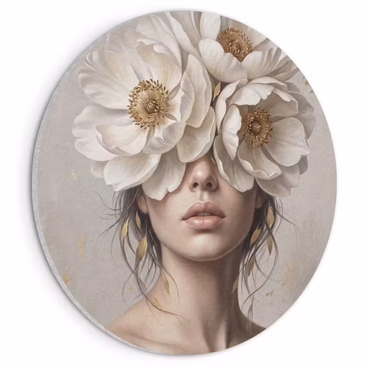 Akoestisch schilderij rond - Vrouw - Pioenroos - Wit — 1