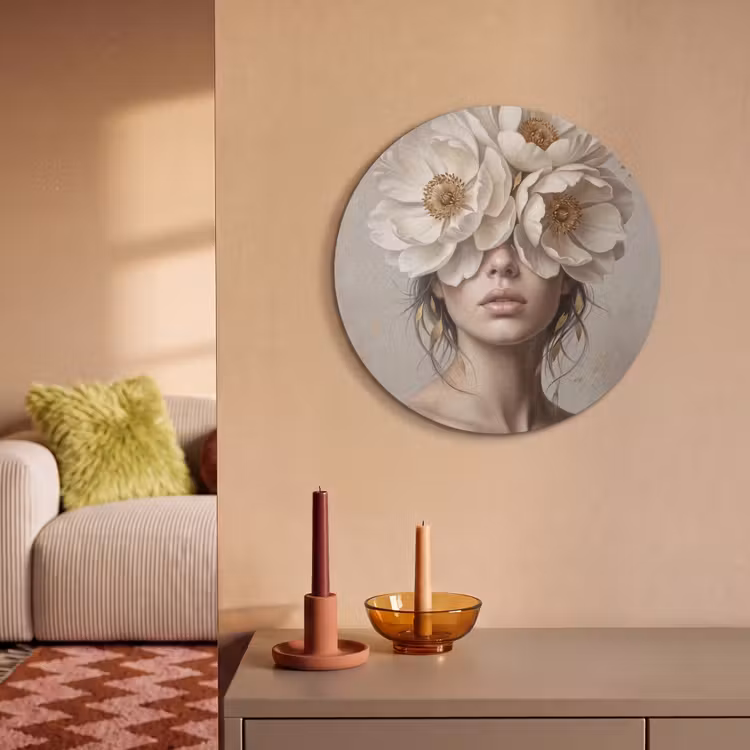 Akoestisch schilderij rond - Vrouw - Pioenroos - Wit — 3