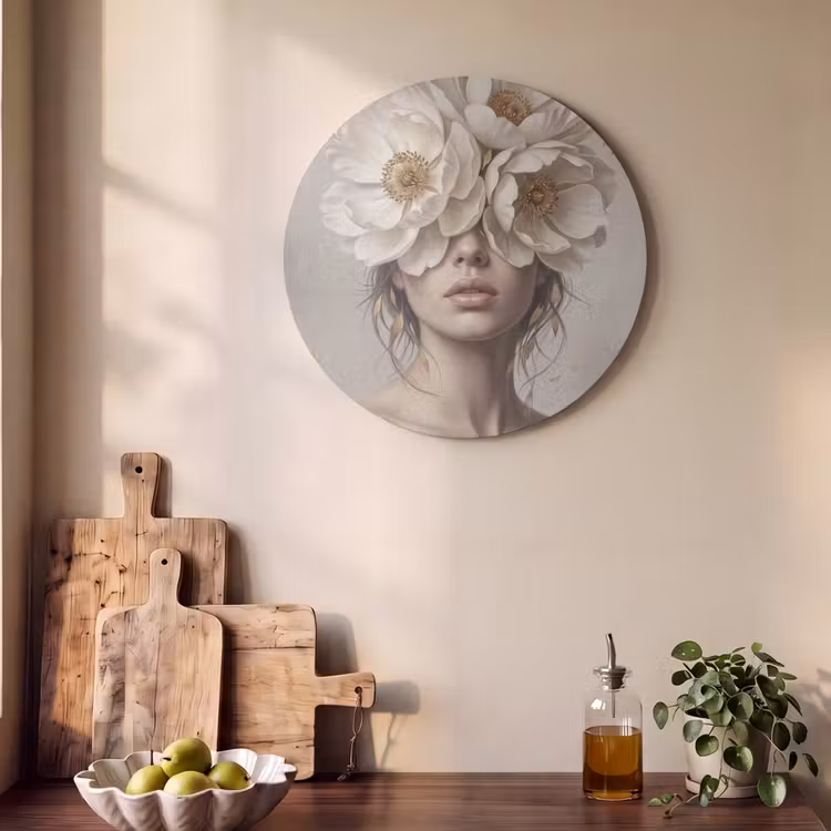 Akoestisch schilderij rond - Vrouw - Pioenroos - Wit — 4