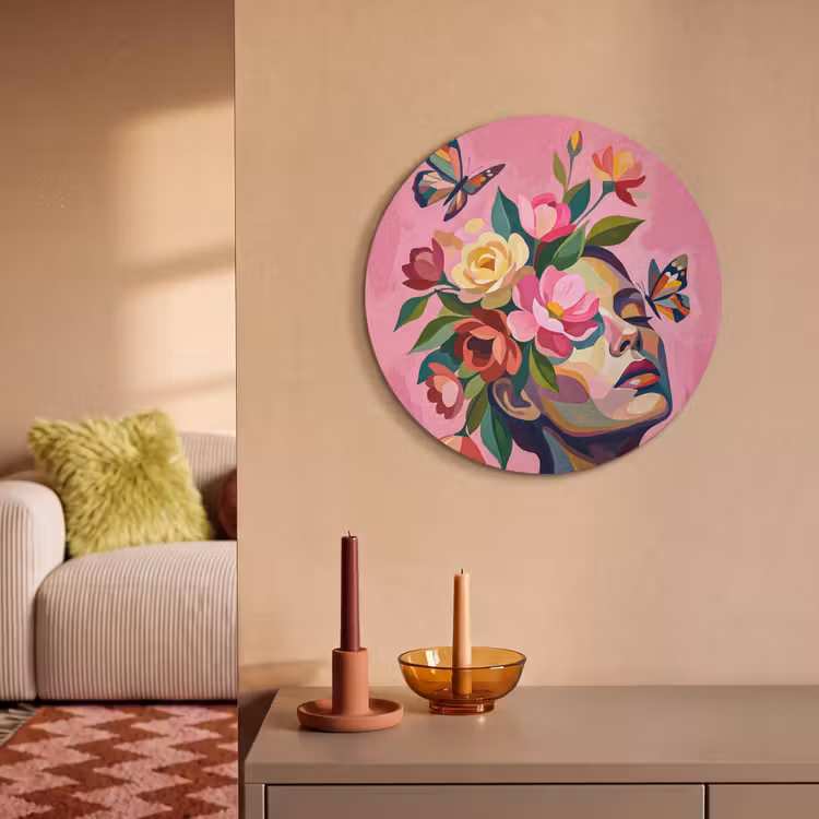 Akoestisch schilderij rond - Vrouwengezicht - Vlinders - Kleurrijk — 3