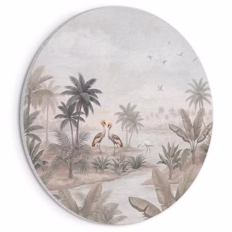 Akoestisch schilderij rond - Kraanvogels - Palmbomen - Tropisch — 1