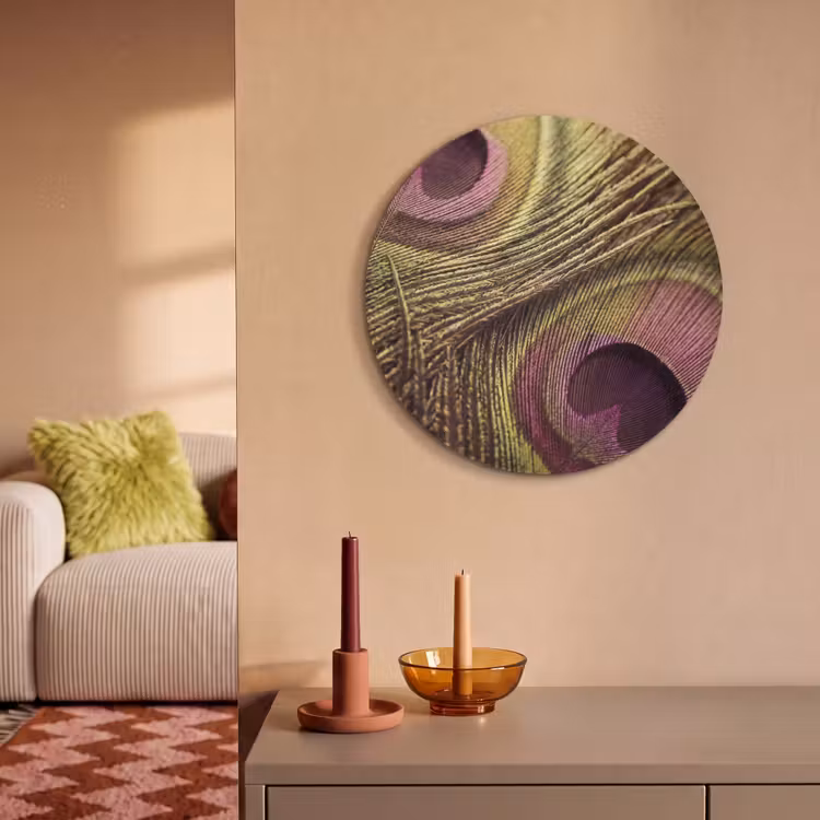 Akoestisch schilderij rond - Pauw - Veren - Paars - Groen — 3
