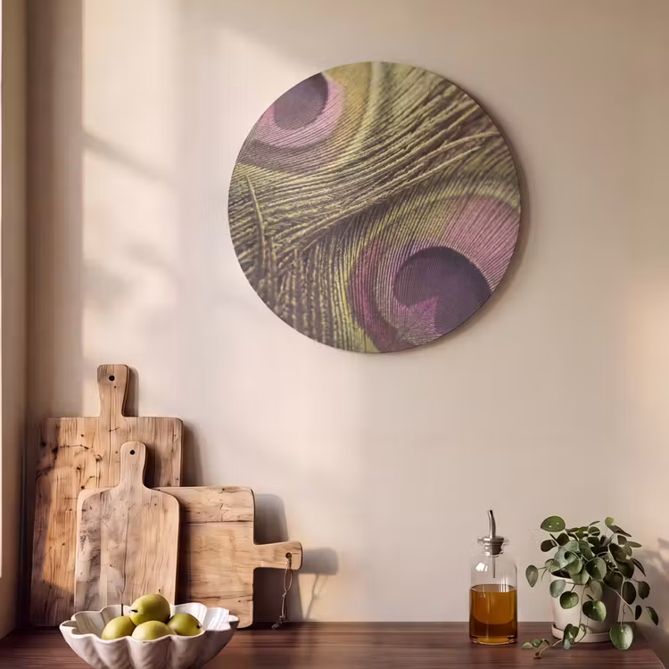Akoestisch schilderij rond - Pauw - Veren - Paars - Groen — 4