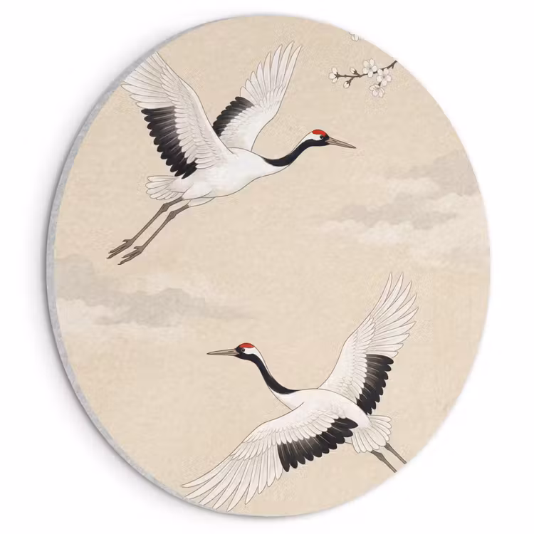 Akoestisch schilderij rond - Kraanvogels - Bloesem - Beige — 1