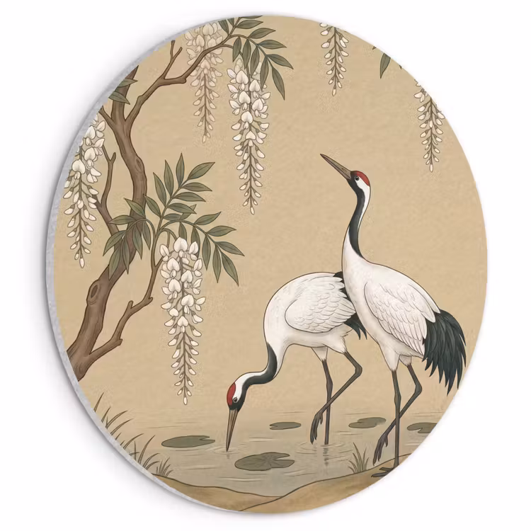 Akoestisch schilderij rond - Kraanvogels - Water - Beige — 1