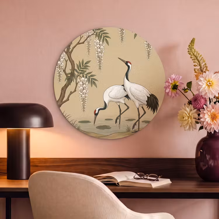 Akoestisch schilderij rond - Kraanvogels - Water - Beige — 2