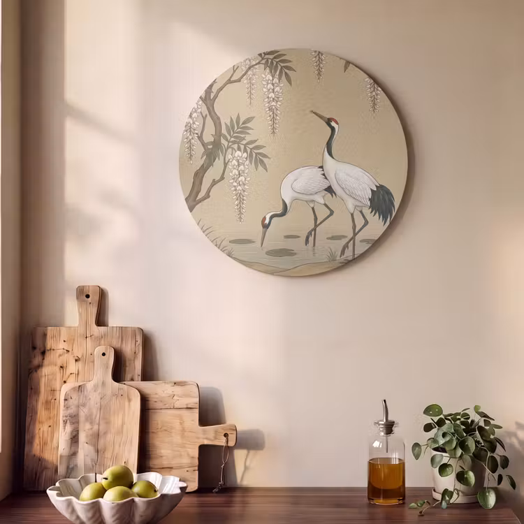 Akoestisch schilderij rond - Kraanvogels - Water - Beige — 4