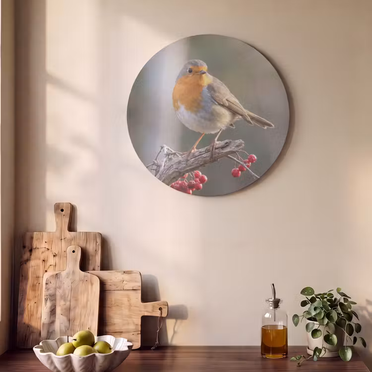 Akoestisch schilderij rond - Roodborst - Tak - Bessen - Natuur — 4