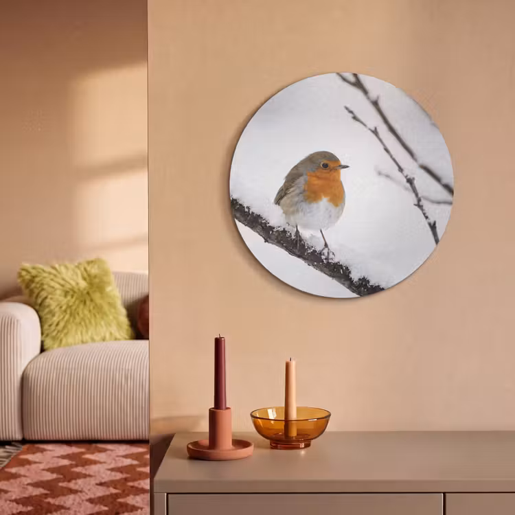 Akoestisch schilderij rond - Roodborstje - Tak - Sneeuw - Winter - Levendig — 3