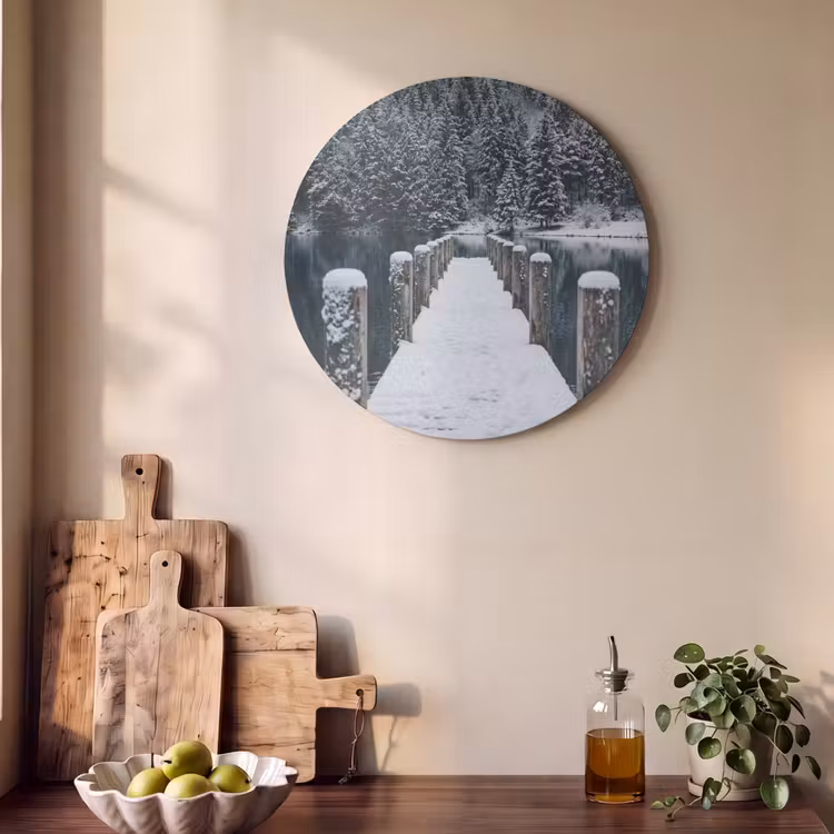 Akoestisch schilderij rond - Steiger - Meer - Sneeuw - Bergen - Rustgevend — 4