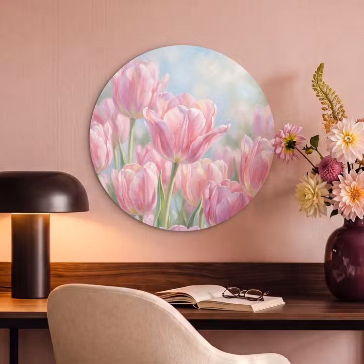 Akoestisch schilderij rond - Tulpen - Veld - Lente - Roze — 2