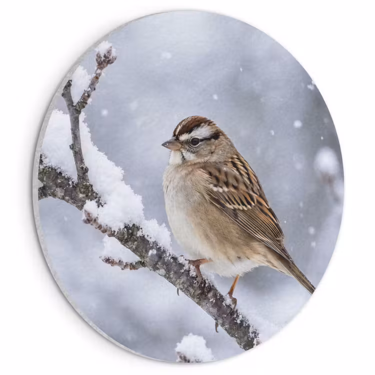Akoestisch schilderij rond - Vogel - Tak - Sneeuw - Winter — 1