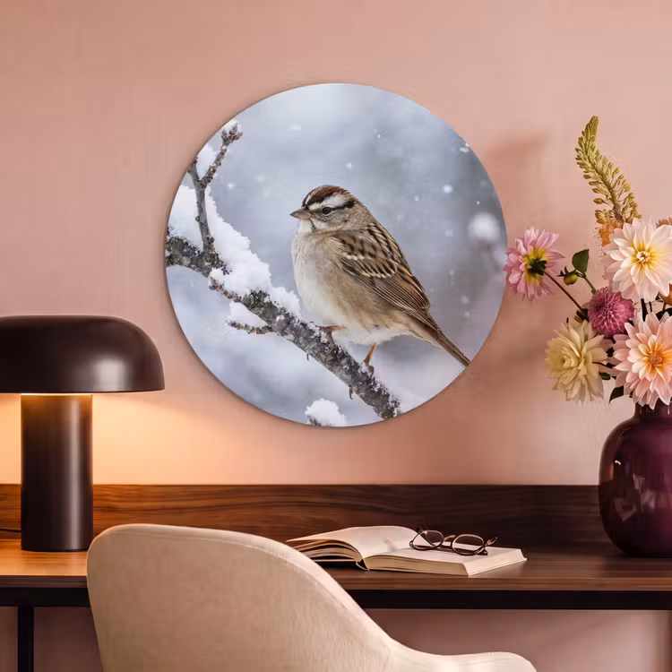 Akoestisch schilderij rond - Vogel - Tak - Sneeuw - Winter — 2