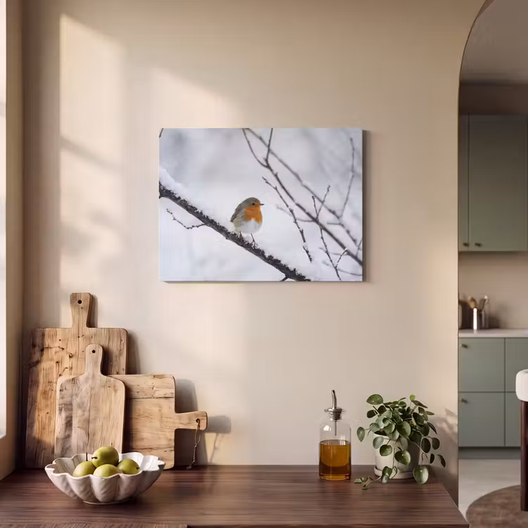 Akoestisch schilderij - Roodborstje - Tak - Sneeuw - Winter - Levendig — 3