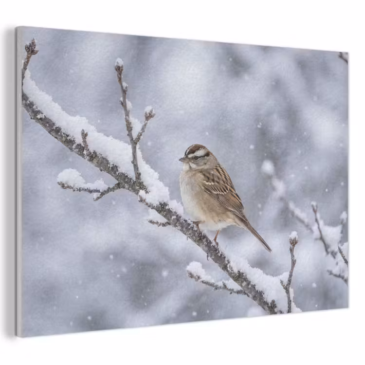 Akoestisch schilderij - Vogel - Tak - Sneeuw - Winter — 1