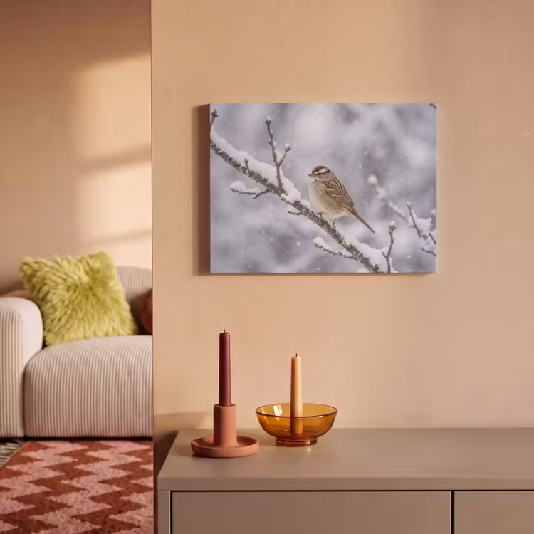 Akoestisch schilderij - Vogel - Tak - Sneeuw - Winter — 2