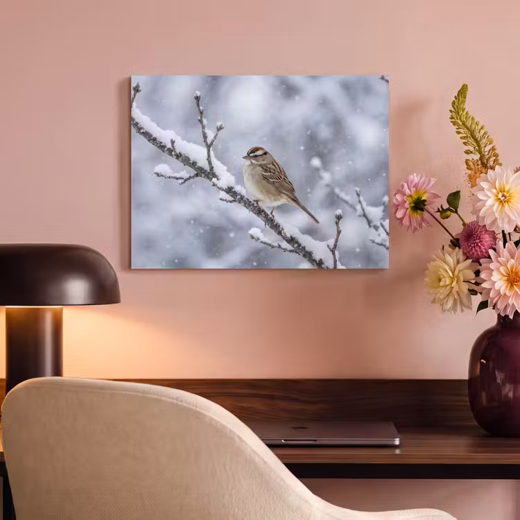 Akoestisch schilderij - Vogel - Tak - Sneeuw - Winter — 4