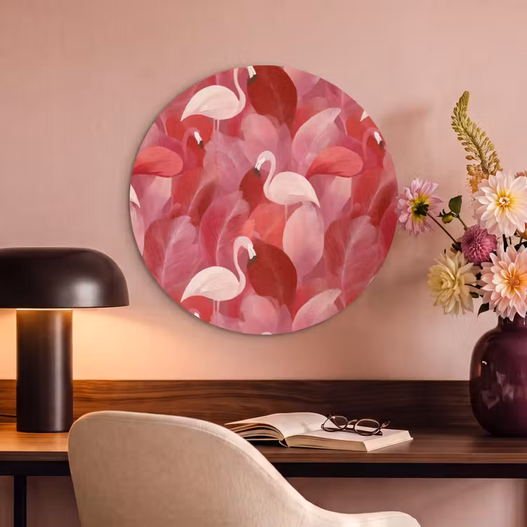 Akoestisch schilderij rond - Flamingo - Botanisch - Elegant - Roze - Rood — 2