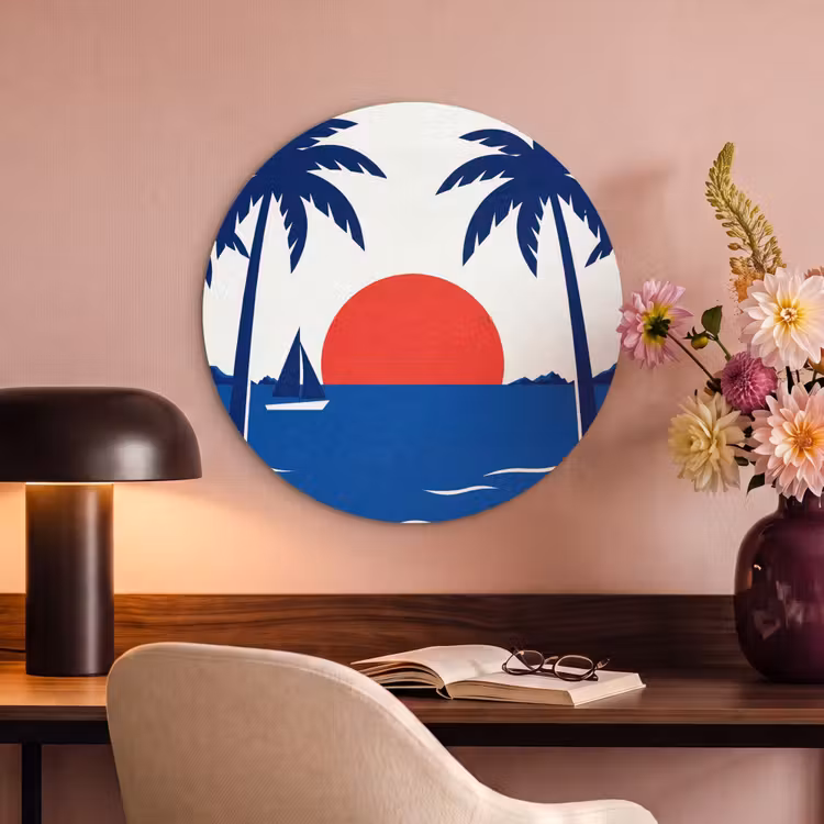 Akoestisch schilderij rond - Zonsondergang - Zee - Palmboom - Tropisch - Modern — 2