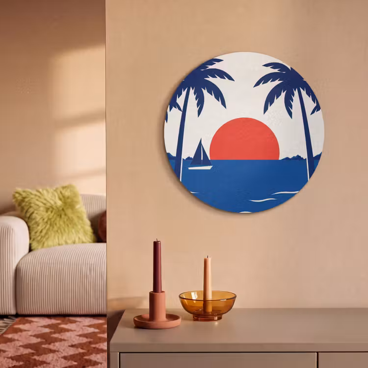 Akoestisch schilderij rond - Zonsondergang - Zee - Palmboom - Tropisch - Modern — 3