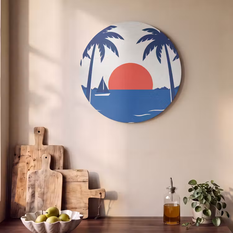 Akoestisch schilderij rond - Zonsondergang - Zee - Palmboom - Tropisch - Modern — 4
