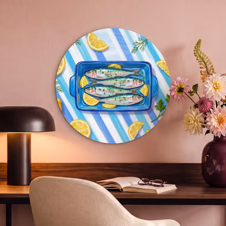 Akoestisch schilderij rond - Vis - Citroen - Kruiden - Eten - Blauw — 2