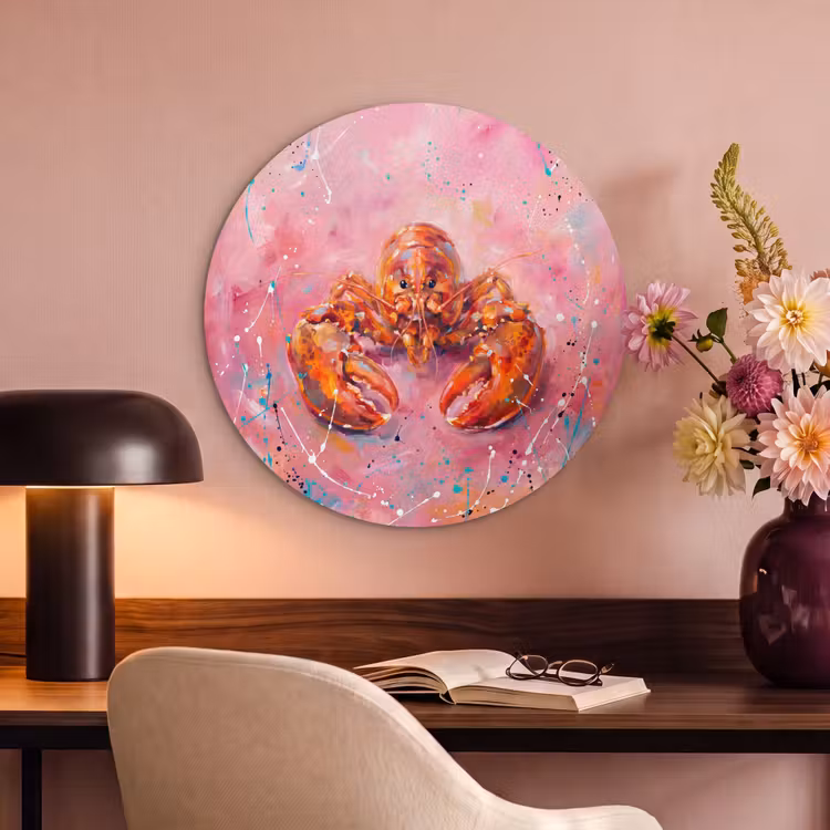 Akoestisch schilderij rond - Zeeleven - Kreeft - Spatters - Abstract - Roze — 2