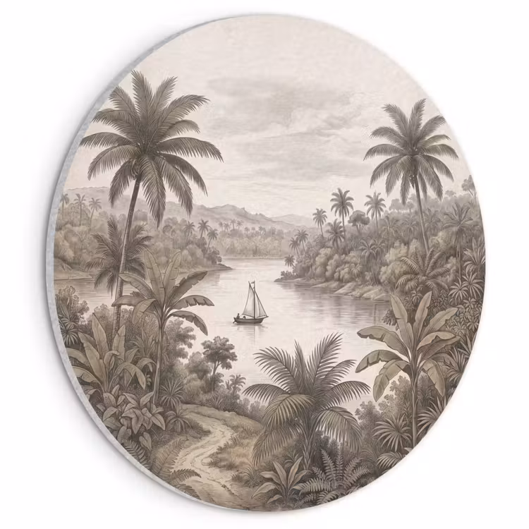 Akoestisch schilderij rond - Landschap - Rivier - Boot - Tropisch - Vintage — 1