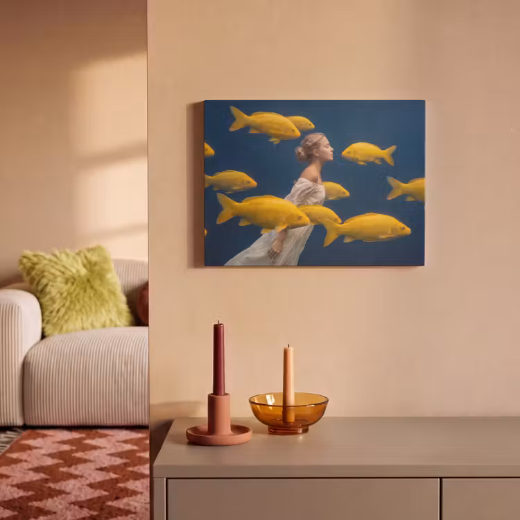 Akoestisch schilderij - Vrouw - Vis - Water - Natuur - Geel — 2