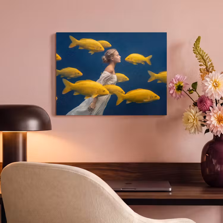Akoestisch schilderij - Vrouw - Vis - Water - Natuur - Geel — 4
