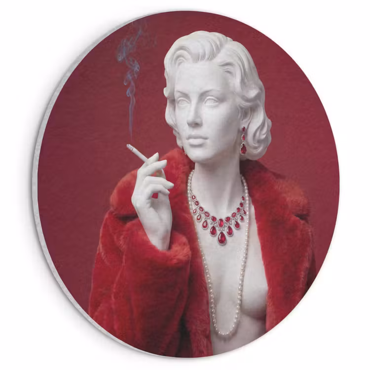Akoestisch schilderij rond - Vrouw - Bontjas - Mode - Klassiek - Rood — 1