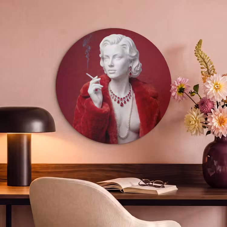 Akoestisch schilderij rond - Vrouw - Bontjas - Mode - Klassiek - Rood — 2