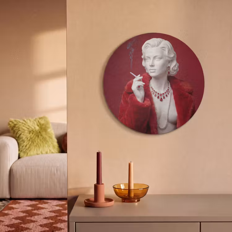 Akoestisch schilderij rond - Vrouw - Bontjas - Mode - Klassiek - Rood — 3