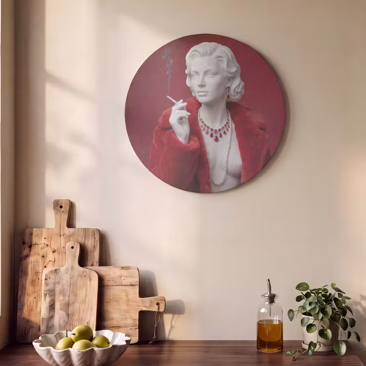 Akoestisch schilderij rond - Vrouw - Bontjas - Mode - Klassiek - Rood — 4