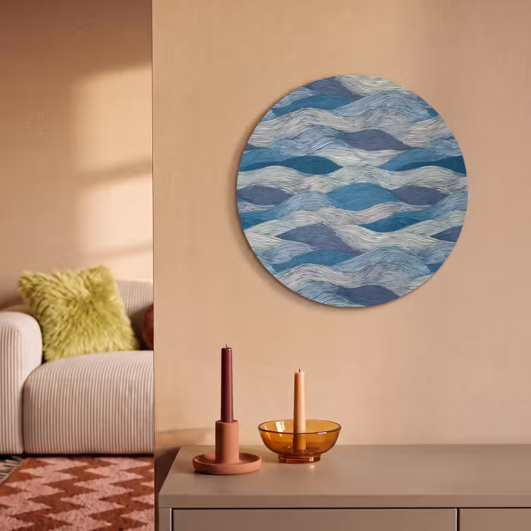 Akoestisch schilderij rond - Getekend - Blauw - Wit - Golvend - Streepjes — 3