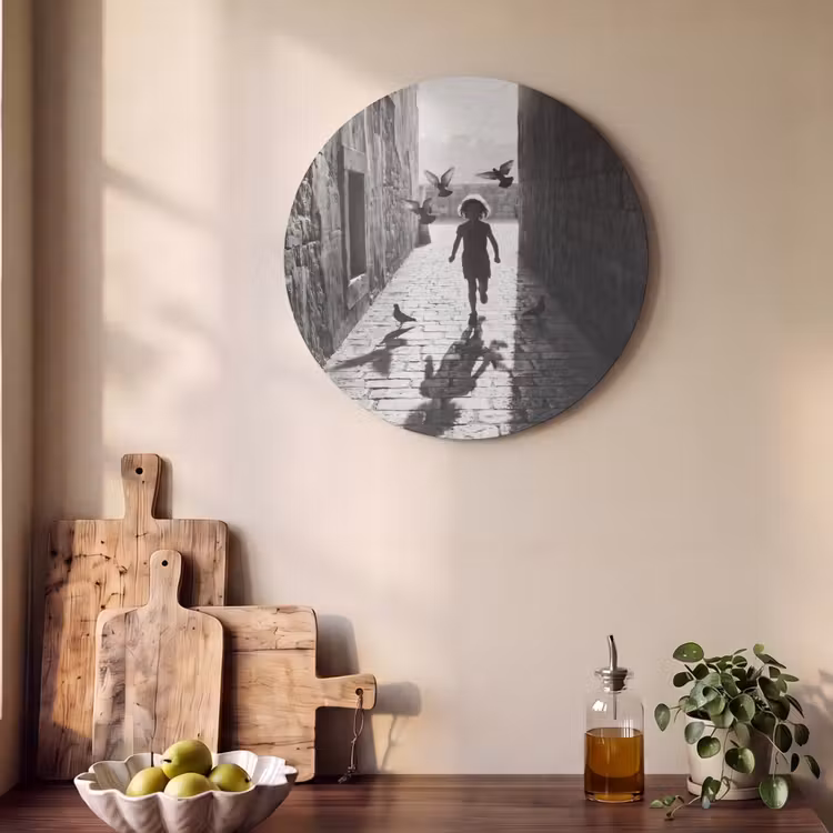 Akoestisch schilderij rond - Kind - Vogel - Straat - Zwart-wit - Spelen — 4