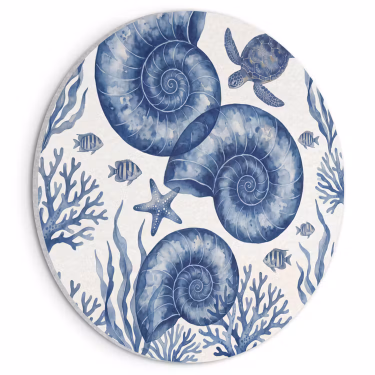 Akoestisch schilderij rond - Schelp - Spiraal - Zeeleven - Aquarel - Blauw — 1