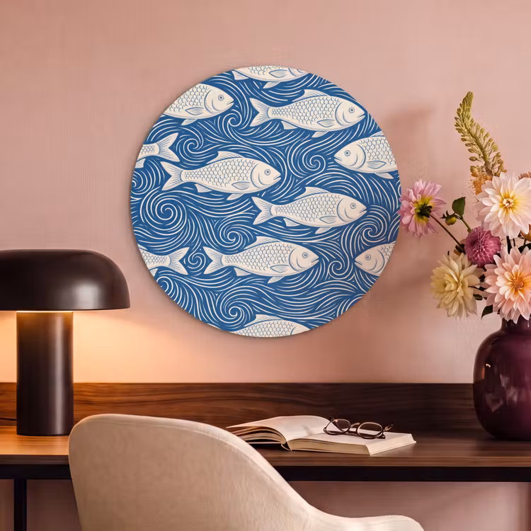 Akoestisch schilderij rond - Vis - Water - Patroon - Grafisch - Blauw — 2