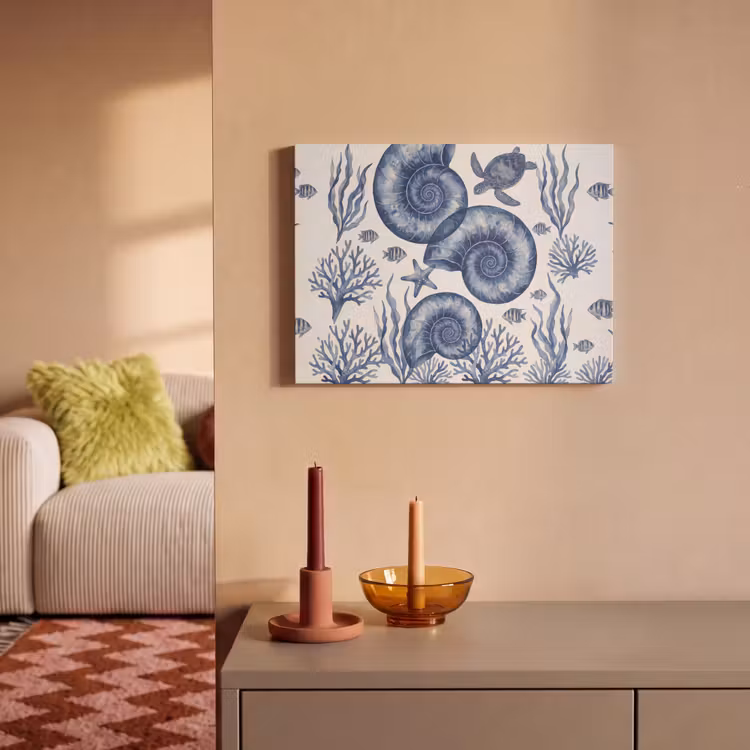 Akoestisch schilderij - Schelp - Spiraal - Zeeleven - Aquarel - Blauw — 2