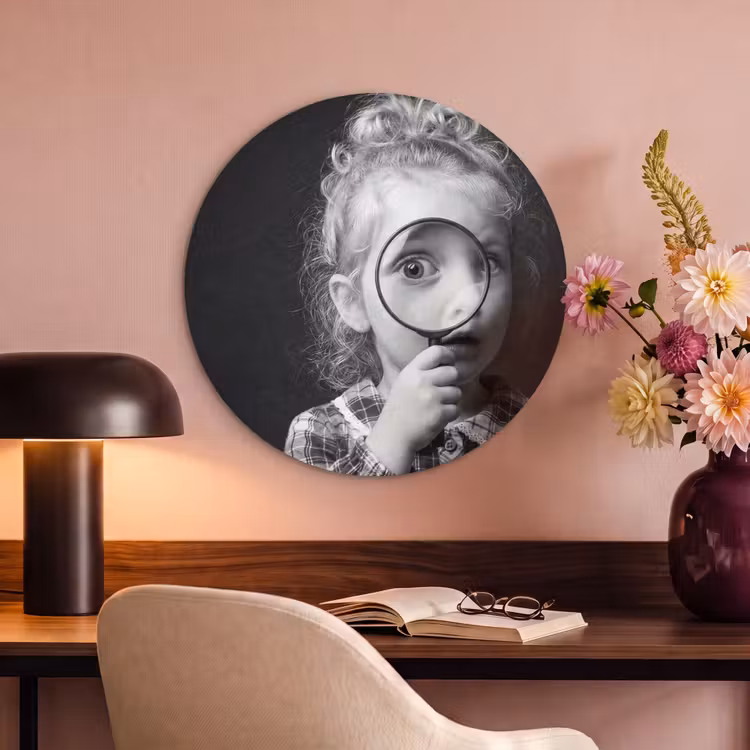 Akoestisch schilderij rond - Kind - Vergrootglas - Portret - Zwart-wit — 2